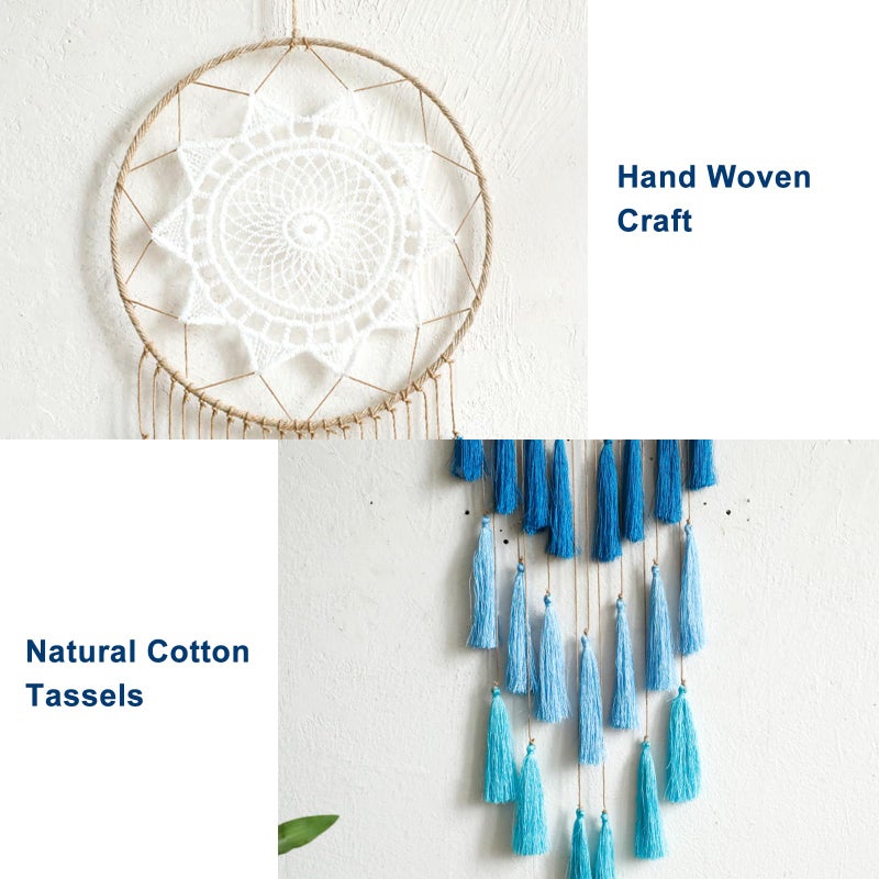Artilady Macrame Dream Catchers for Bedroom - Tassel Wall Hanging Handmade Dreamcatchers Home Decor with Tassel Feather Ornament Craft Blessing Gift (Blue) - Image 5